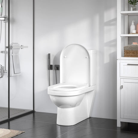 U-vormige toiletbril van BukkitBow, kunststof, soft-close, universeel en duurzaam, zichtbaar op de afbeelding.