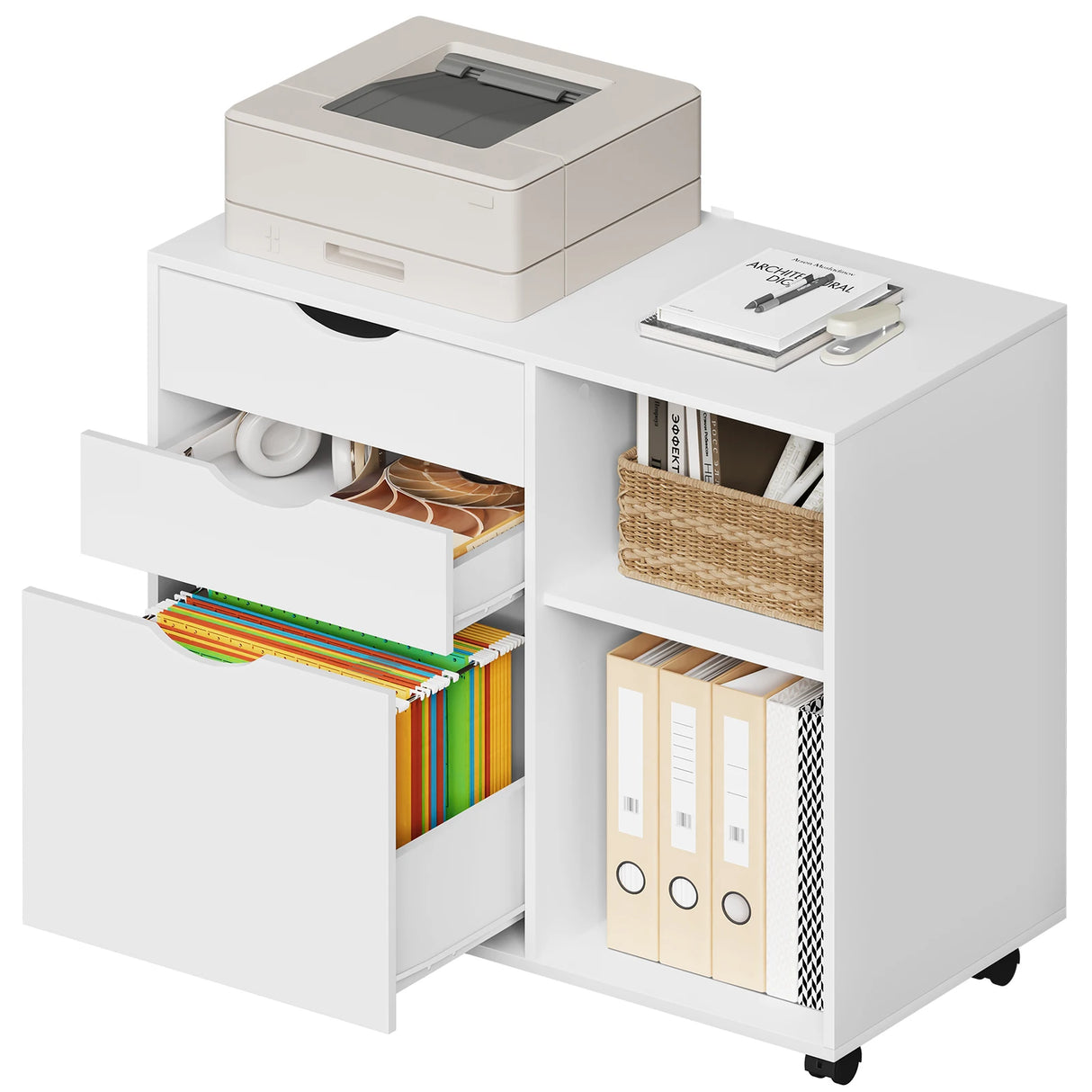 BukkitBow verrijdbaar archiefkastje met 3 laden en hangmappenlade, geschikt voor archief en opslag, zwart metalen ontwerp