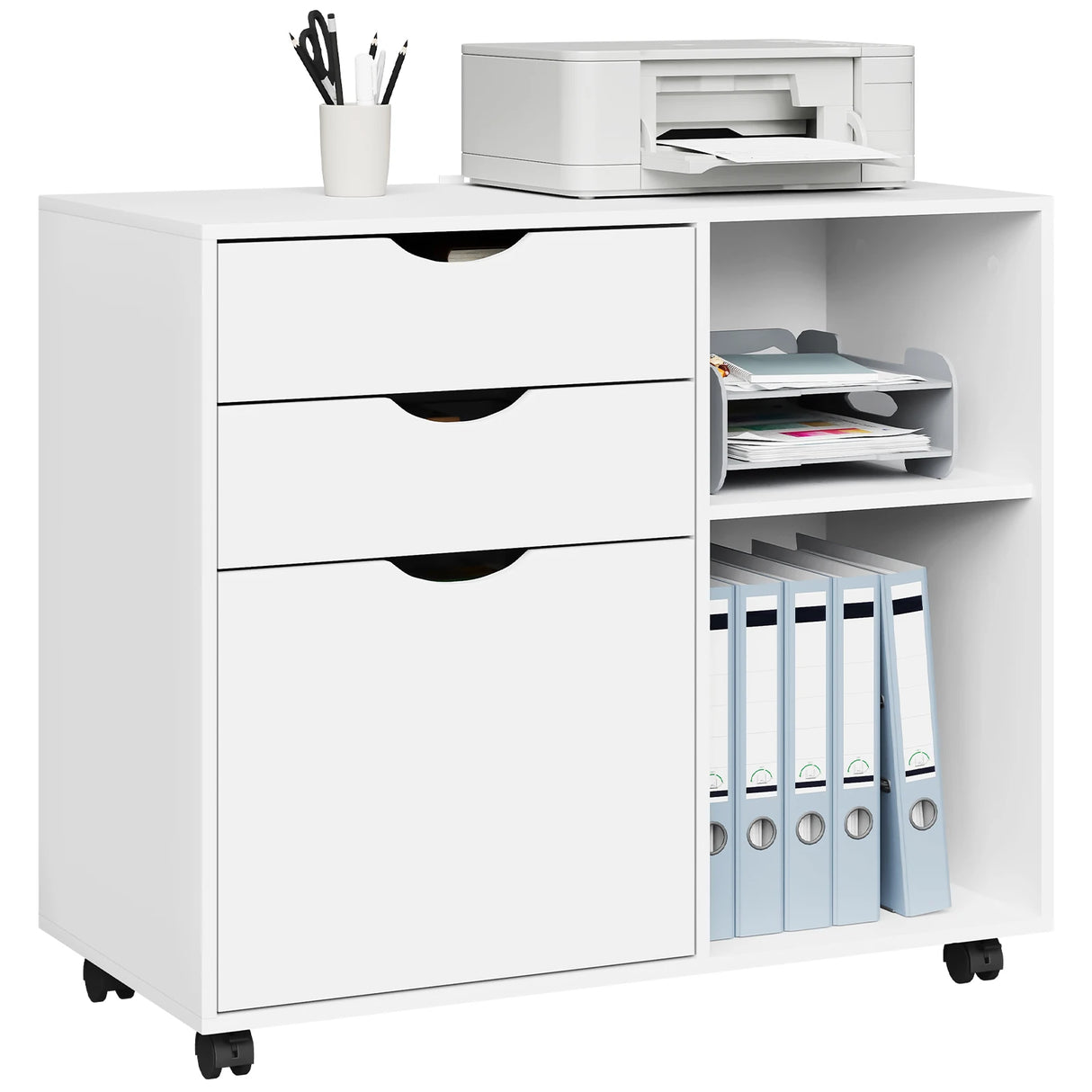 Verrijdbaar BukkitBow archiefkast met hangmappenlade en 3 laden, geschikt voor organisatie en opslag.