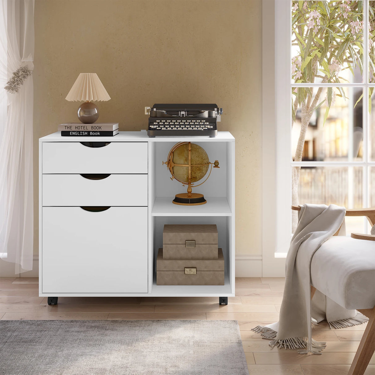 BukkitBow verrijdbaar archiefkastje met hangmappenlade en drie laden, ideaal voor organisatie en opslag.