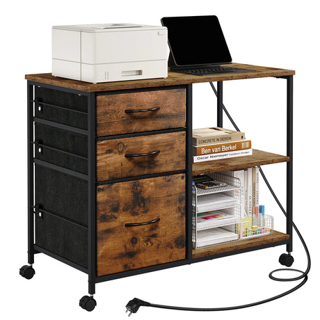 Verrijdbare BukkitBow houten archiefkast met laadstation en rolwielen voor gemakkelijke verplaatsing.