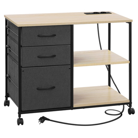 Verrijdbare houten archiefkast van BukkitBow met laadstation voor efficiënt archiveren en opladen van apparaten.