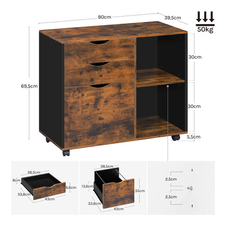 Verrijdbare BukkitBow metalen archiefkast met drie laden en hangmappen voor organisatie en opslag.