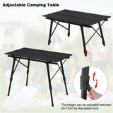 BukkitBow verstelbare aluminium campingtafel met opbergzak, zwart frame, uitgevouwen met afmetingen 90x52,2x(45-72) cm en draagkracht 30 kg.