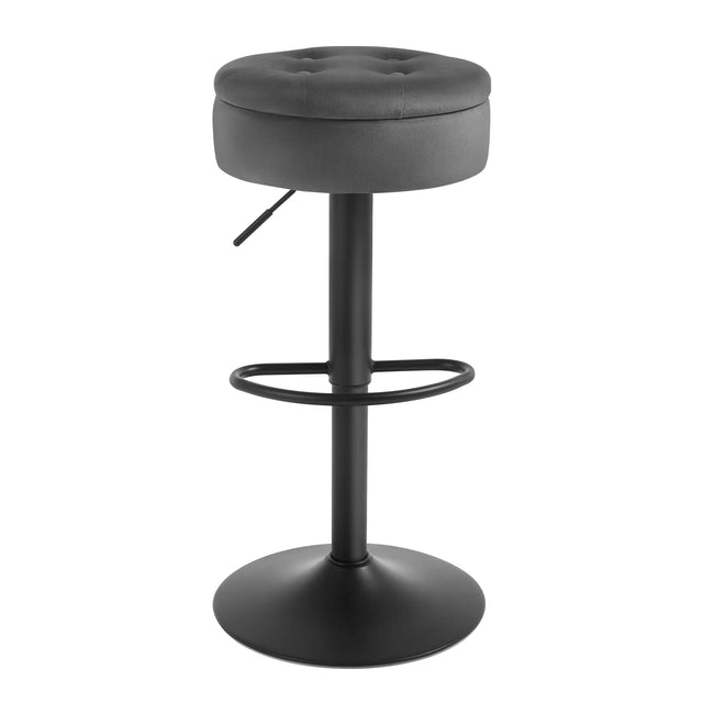 Verstelbare BukkitBow barkruk met verborgen opbergruimte, houten zithoek en moderne uitstraling, ideaal voor keukens en bars.