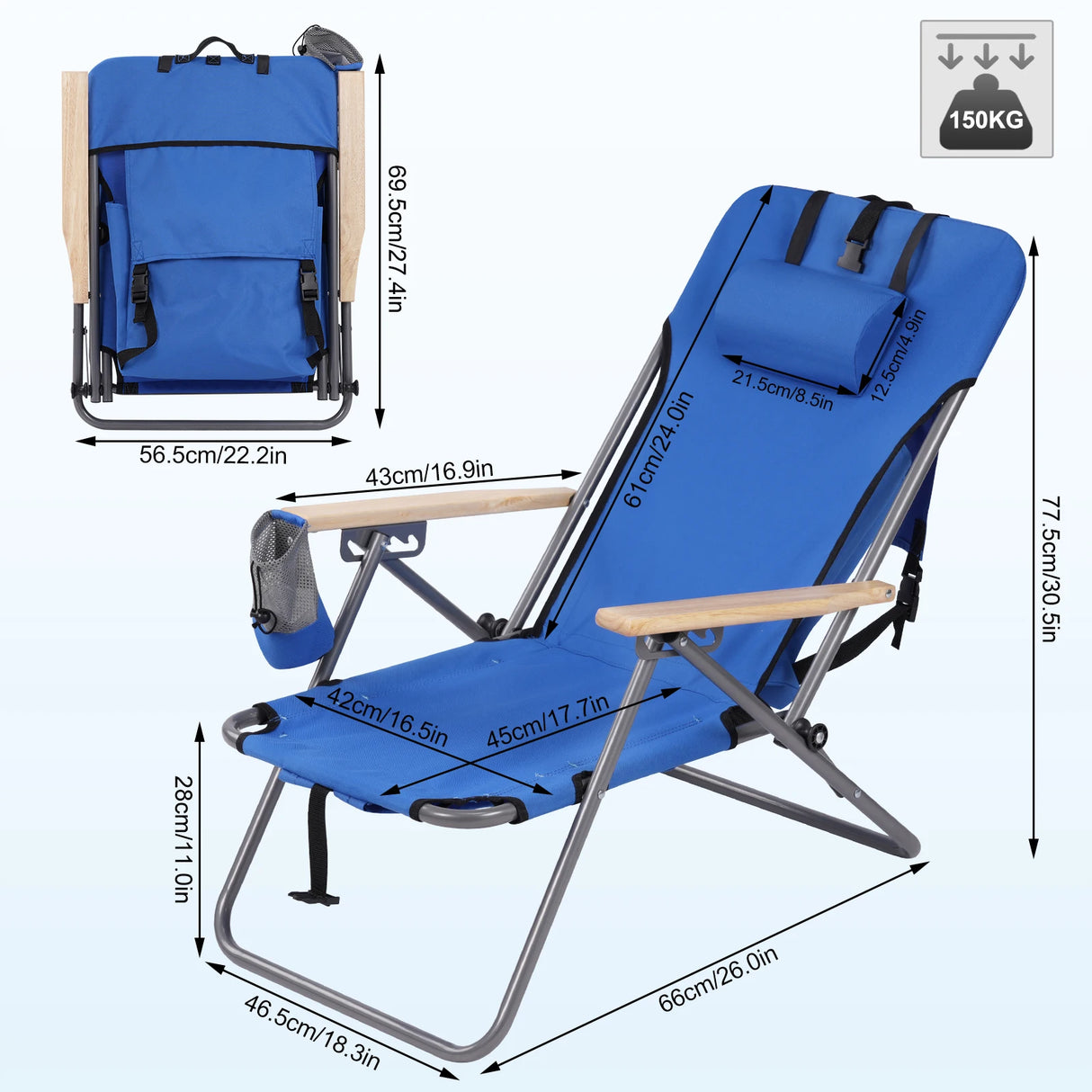 Verstelbare campingstoel van BukkitBow met rugzakfunctie en hoofdkussen, geschikt voor kamperen en outdoor gebruik.