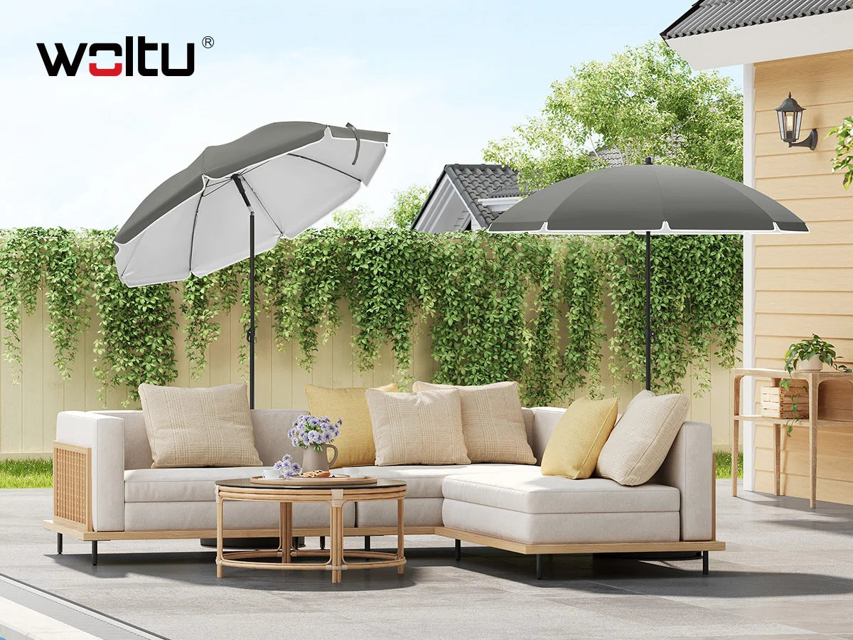 BukkitBow verstelbare parasol met kantelfunctie en draagtas, UPF 50+ bescherming, zichtbaar in openlucht met stijlvolle design
