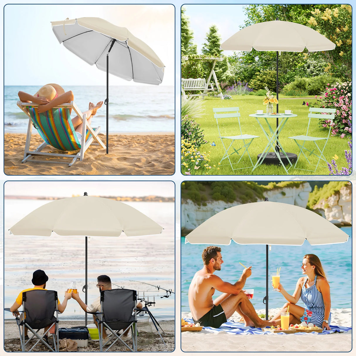 BukkitBow verstelbare parasol met kantelfunctie en draagtas, biedt bescherming met UPF 50+ onder een stijlvolle parasol.