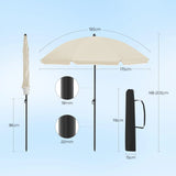 BukkitBow verstelbare parasol met kantelfunctie en draagtas, biedt UPF 50+ bescherming, zichtbaar in de afbeelding.