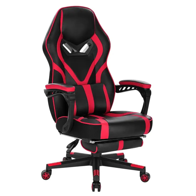 BukkitBow verstelbare racing gamestoel in wit/zwart of rood/zwart met uitklapbare voetensteun en leer-nylon bekleding, hoogte 115-123cm.