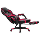 BukkitBow verstelbare racing gamingstoel met leren en nylon bekleding, uitklapbare voetensteun, in wit/zwart of rood/zwart.