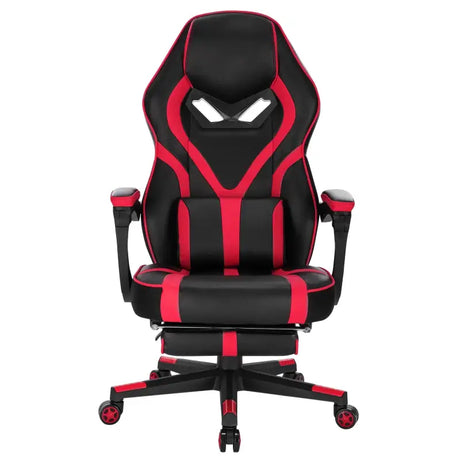 BukkitBow racing gamingstoel in zwart-wit of rood-zwart, verstelbaar, leren en nylon, met uitklapbare voetensteun en 115-123cm hoogte.