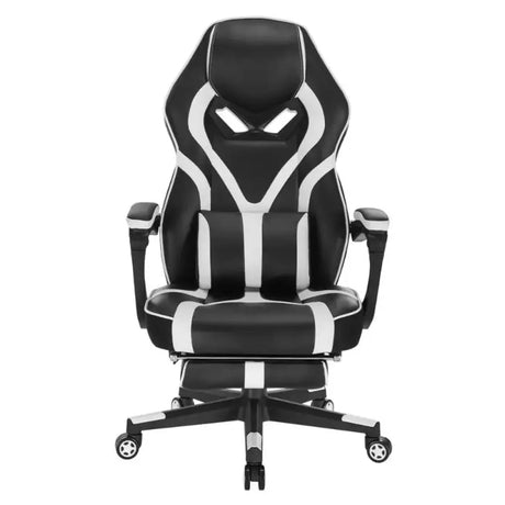 BukkitBow racing gamingstoel in wit en zwart/leather en nylon met uitklapbare voetensteun, verstelbare hoogte 115-123cm