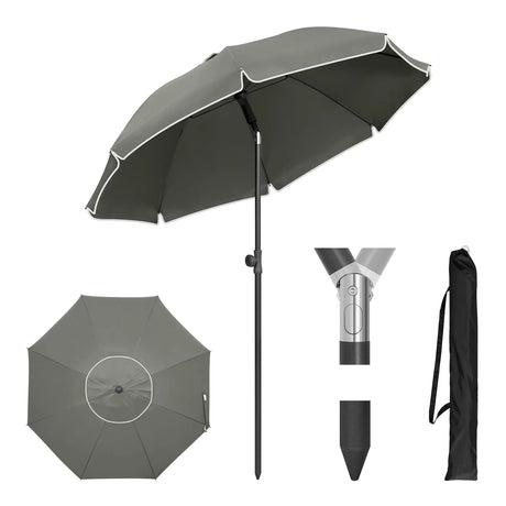BukkitBow verstelbare ronde parasol met kantelfunctie en draagtas, geschikt voor buitengebruik, zichtbaar in de afbeelding.