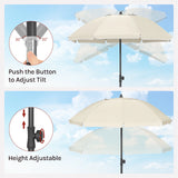 Verstelbare ronde parasol van BukkitBow met kantelfunctie en draagtas, geschikt voor buitengebruik.