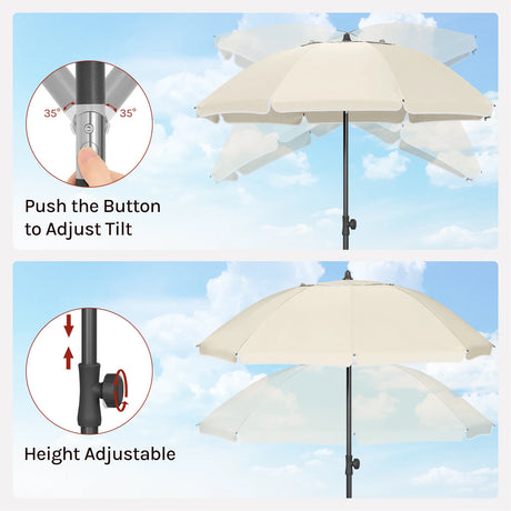 Verstelbare ronde parasol van BukkitBow met kantelfunctie en draagtas, geschikt voor buitengebruik.