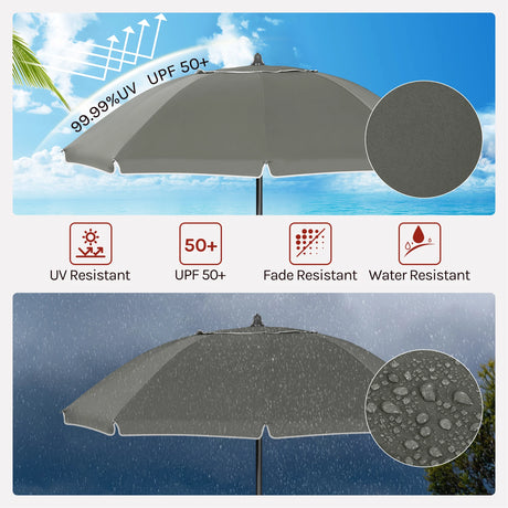 BukkitBow verstelbare ronde parasol met kantelfunctie en draagtas, ideaal voor schaduw en bescherming buiten.