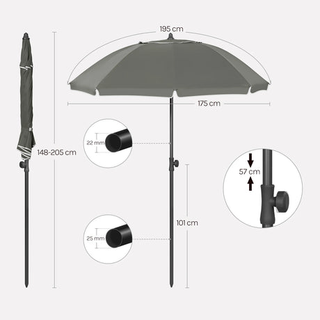 Ruime BukkitBow ronde parasol met kantelfunctie en draagtas, ideaal voor schaduw en bescherming in de tuin of op terras.