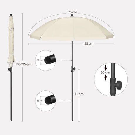 BukkitBow verstelbare ronde parasol met kantelfunctie en draagtas, biedt schaduw en bescherming tegen de zon.