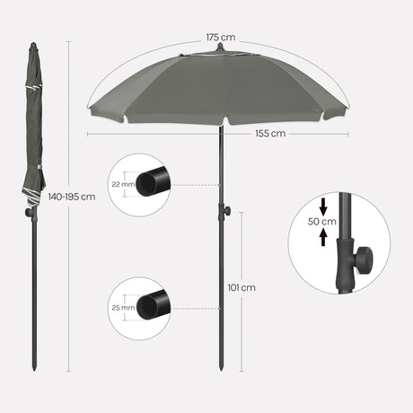 BukkitBow verstelbare ronde parasol met kantelfunctie en draagtas, geschikt voor buitengebruik, in neutrale kleuren