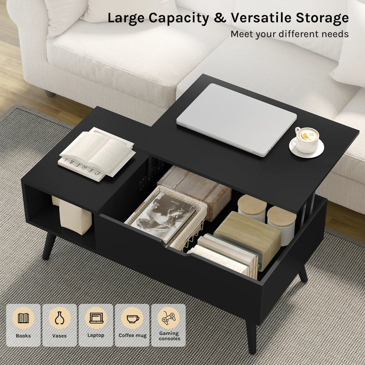 Verstelbare BukkitBow salontafel met liftfunctie en verborgen opslag, modern design, houten tafel met metalen frame.