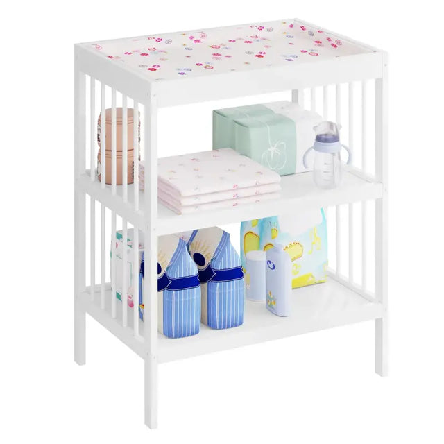 Witte MDF baby verzorgingstafel BukkitBow met afmetingen 75x92x51 cm en draagvermogen van 30 kg, geschikt voor babyverzorging.