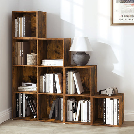 BukkitBow vintage modulaire boekenkast met open vakken, vrijstaand wandrek voor woonkamer of kantoor, zwart metalen frame en houten planken