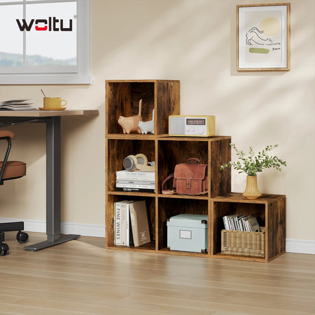 BukkitBow vintage modulaire boekenkast met open vakken, vrijstaand en geschikt voor woonkamer of kantoor, in natuurlijke houtlook.