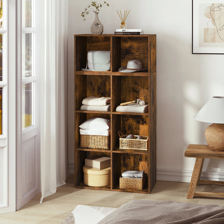 BukkitBow vintage modulaire boekenkast met open vakken, vrijstaand ontwerp voor woonkamer en kantoor, houten afwerking.