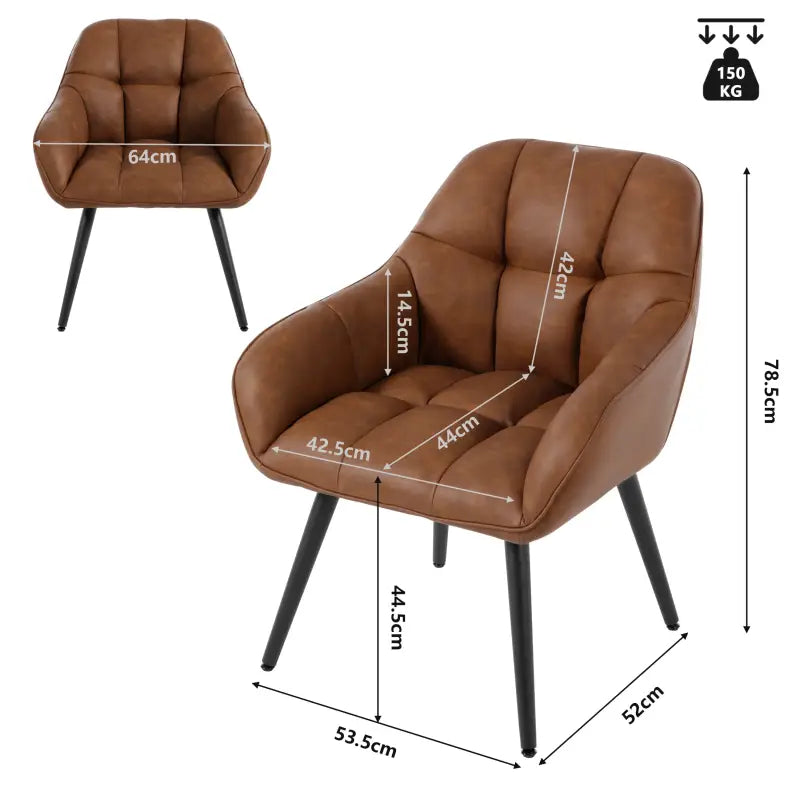 BukkitBow vintage bruine eetkamerstoel met armleuningen, imitatieleer, metalen onderstel en schuimvulling, comfortabele kuipstoel