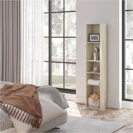 BukkitBow vrijstaande boekenkast met 5 kubussen, vitrinekast en organizer, afmetingen 30x151x26cm, voor woonkamer.