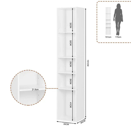 Vrijstaande BukkitBow boekenkast met 5 kubussen, vitrinekast en organizer, afmetingen 30x151x26 cm, voor woonkamer.