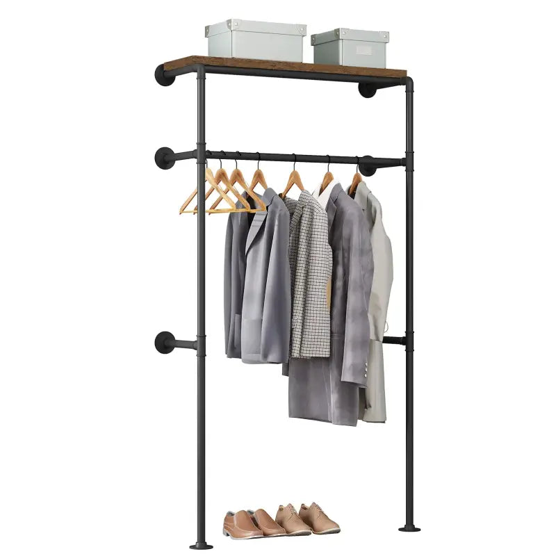 BukkitBow wandgemonteerd kledingrek in industriële vintage stijl met kledingrail en plank, robuust en ruimtebesparend, 103x35x187cm