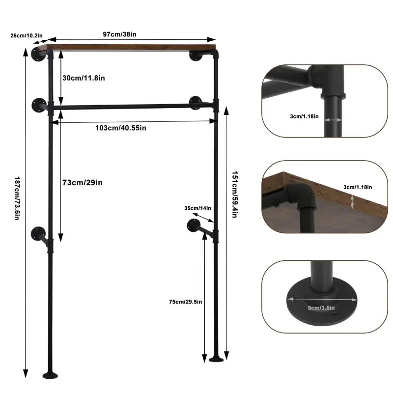 BukkitBow wandgemonteerd kledingrek in industriële vintage stijl met kledingrail en plank, robuust en ruimtebesparend, 103x35x187cm