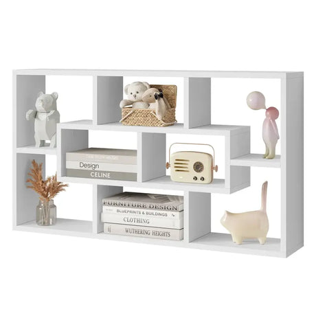 BukkitBow wandplank en kast met 8 vakken, stevig hout, hangende boekenplank, afmetingen 85x48x16 cm, stijlvolle opbergoplossing