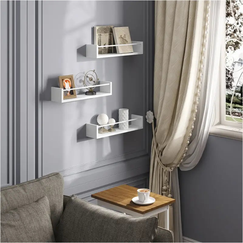 Set van drie witte wandplanken van BukkitBow, zwevende boekenplanken van 40 cm breed, perfect voor moderne interieurdecoratie.