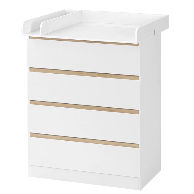 Witte BukkitBow commode met 4 laden en afneembaar verschoonopzetstuk, geschikt voor slaapkamers of kinderkamers.