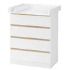 Witte BukkitBow commode met 4 laden en afneembaar verschoonopzetstuk, geschikt voor slaapkamers of kinderkamers.