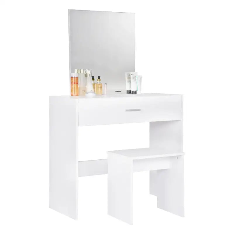 Witte BukkitBow kaptafel met grote make-up spiegel, ruime lade en bijpassende kruk, afmetingen 39x82x75 cm, elegant en functioneel.