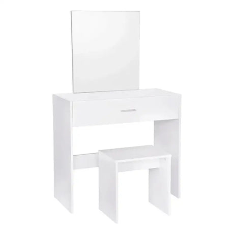 Witte BukkitBow kaptafel met grote make-up spiegel, ruime lade en kruk, afmetingen 39x82x75 cm, elegant meubel voor make-up en verzorging.