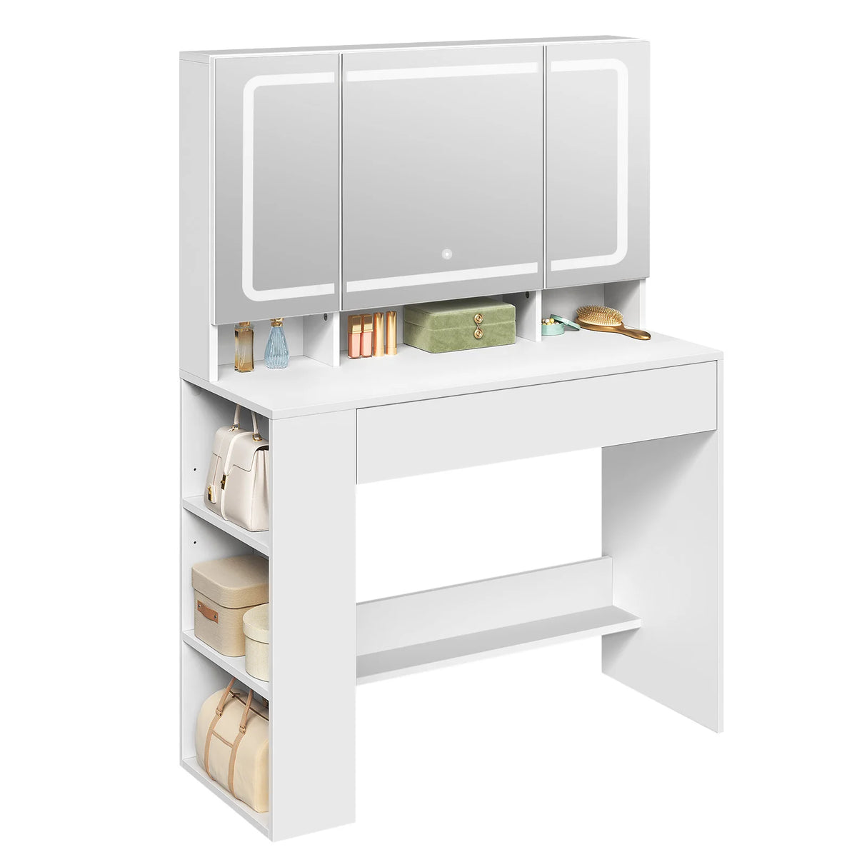 Witte BukkitBow kaptafel met LED-spiegel en verborgen sieradenkast, met elegante spiegel en opbergvakken voor sieraden.