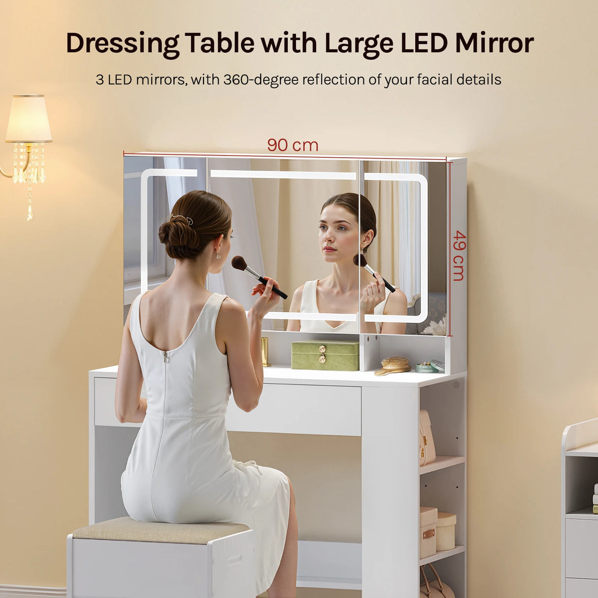 Witte BukkitBow kaptafel met LED-spiegel en verborgen sieradenkast, elegant meubel voor make-up en sieraden.