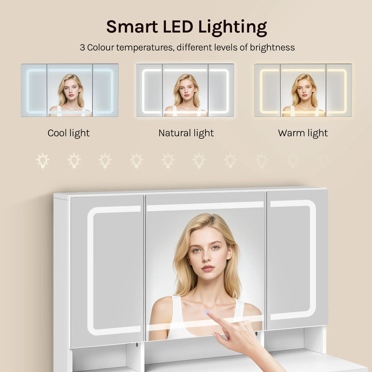 Witte BukkitBow kaptafel met LED-spiegel en verborgen sieradenkast, elegant meubel met spiegel en opbergruimte.