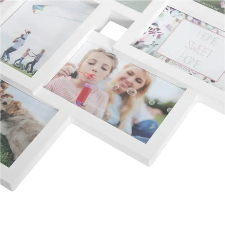 Witte BukkitBow multi-fotolijst met 10 vakken, stevig plexiglas, geschikt voor 10x15cm foto's, afmetingen 54,5x49cm.