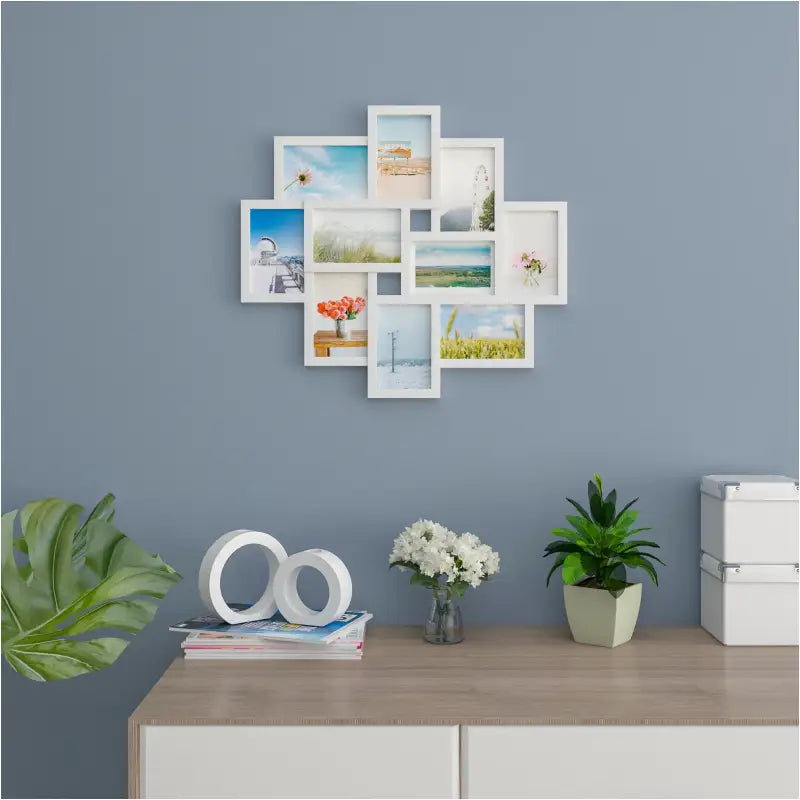 Witte BukkitBow multi-fotolijst met 10 vakken, stevig plexiglas, geschikt voor 10x15cm foto's, afmetingen 54,5x49cm.