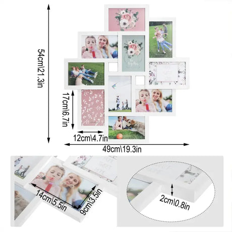 Witte BukkitBow multi-fotolijst met 10 vakken voor 10x15cm foto's, stevig plexiglas, afmetingen 54,5x49cm.