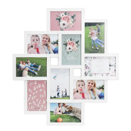 Witte BukkitBow multi-fotolijst met 10 vakken voor 10x15cm foto's, stevig plexiglas, afmeting 54,5x49cm.