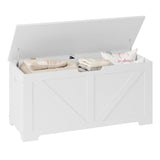 Witte BukkitBow opbergbank met veiligheidsscharnieren, afmetingen 100x47x40 cm en 76 liter capaciteit, geschikt voor opbergruimte.