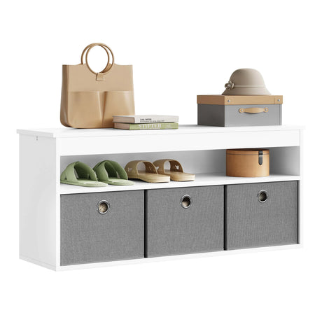 Witte schoenenbank van BukkitBow met drie laden en opbergruimte, compacte halbank voor schoenen en accessoires.