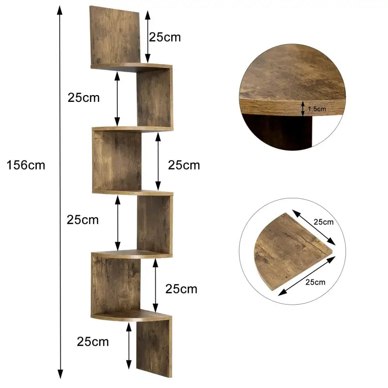 BukkitBow zigzag hoekwandplank van stevig hout met 5 niveaus, afmetingen 25x25x156cm, ideale boekenplank voor hoekruimte